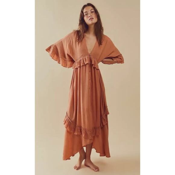 Free People Dresses & Skirts - Free People Paradiso Maxi Dress Boho Ruffle Lace Button Front Cottagecore Small